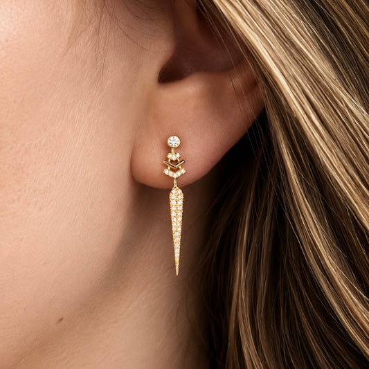 14K Yellow Gold Diamond "Daggar" Dangle Earrings