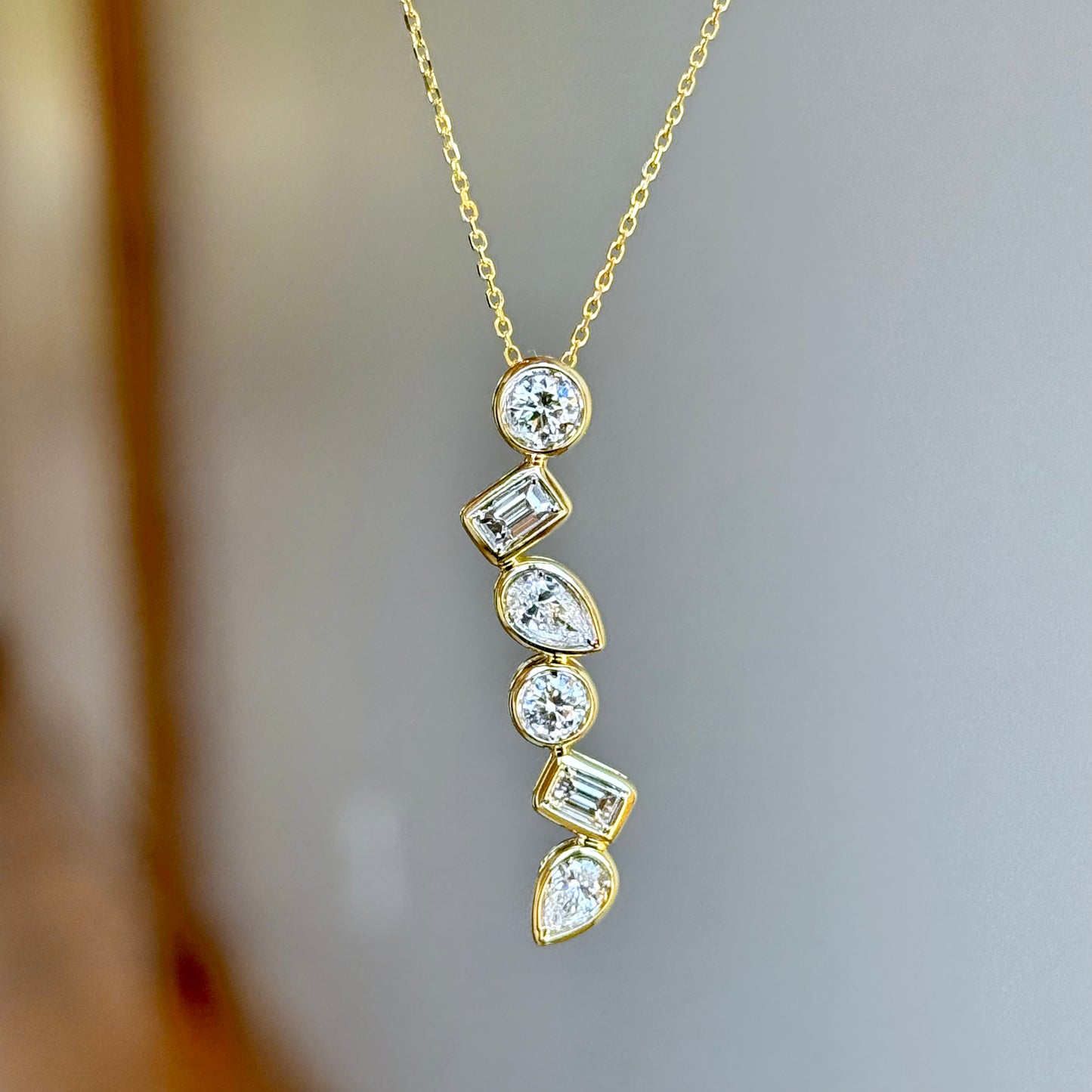 14K Yellow Gold Multi Shape Diamond Bar Necklace