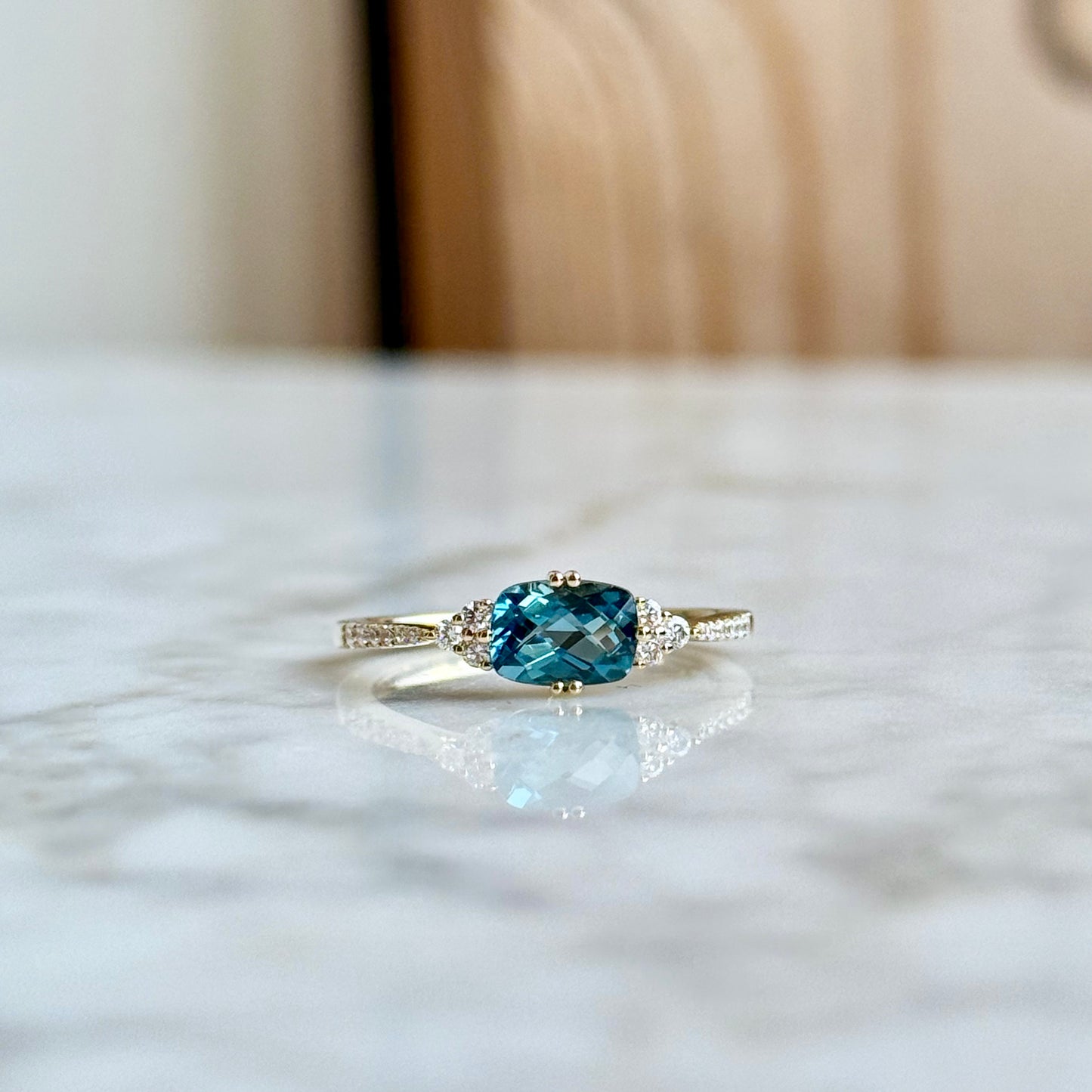 14K Yellow Gold London Blue Topaz and Diamond Ring