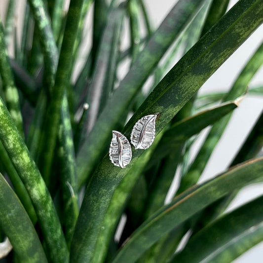 18K White Gold Diamond Baguette Leaf Earrings