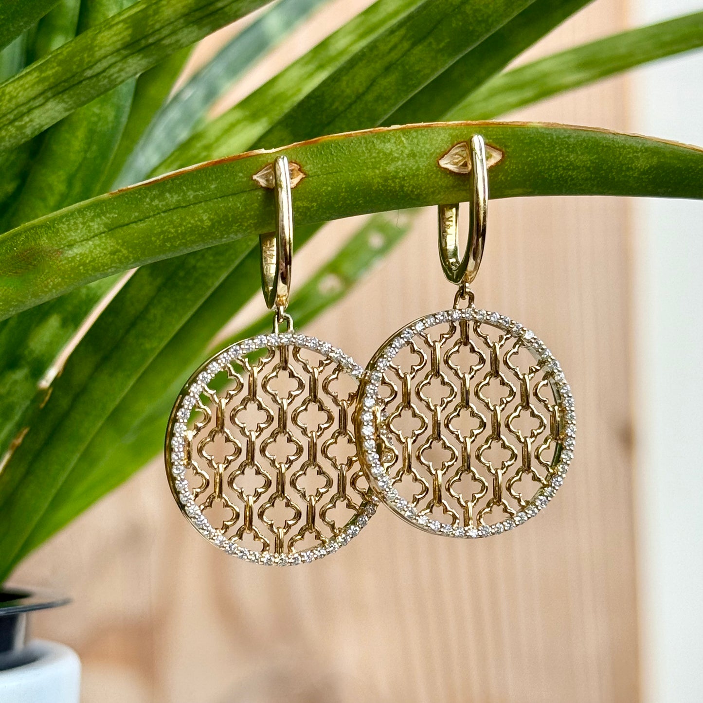 14K Yellow Gold Clover Basket Weave Diamond Disc Dangle Earrings