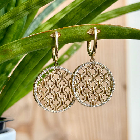 14K Yellow Gold Clover Basket Weave Diamond Disc Dangle Earrings