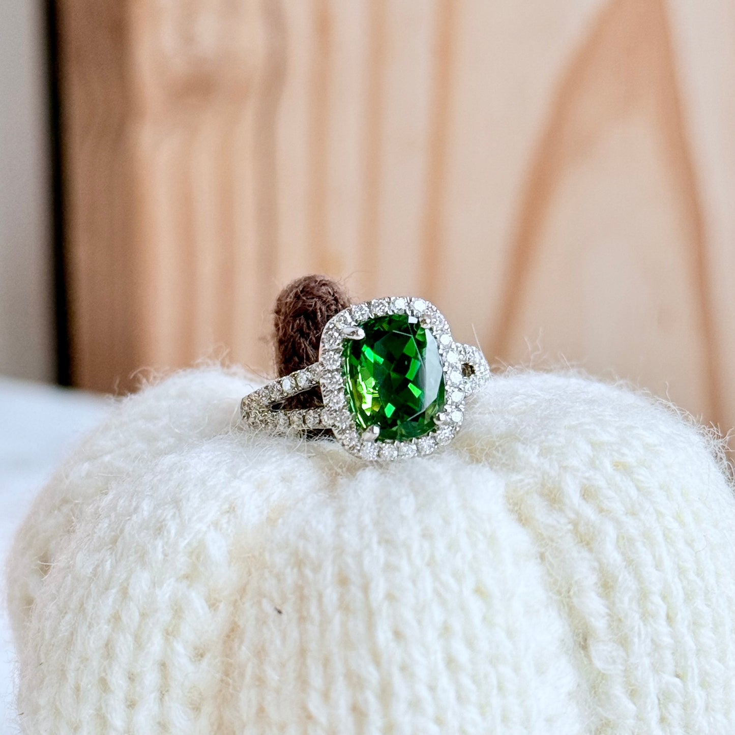 18K White Gold Tourmaline and Diamond Halo Ring