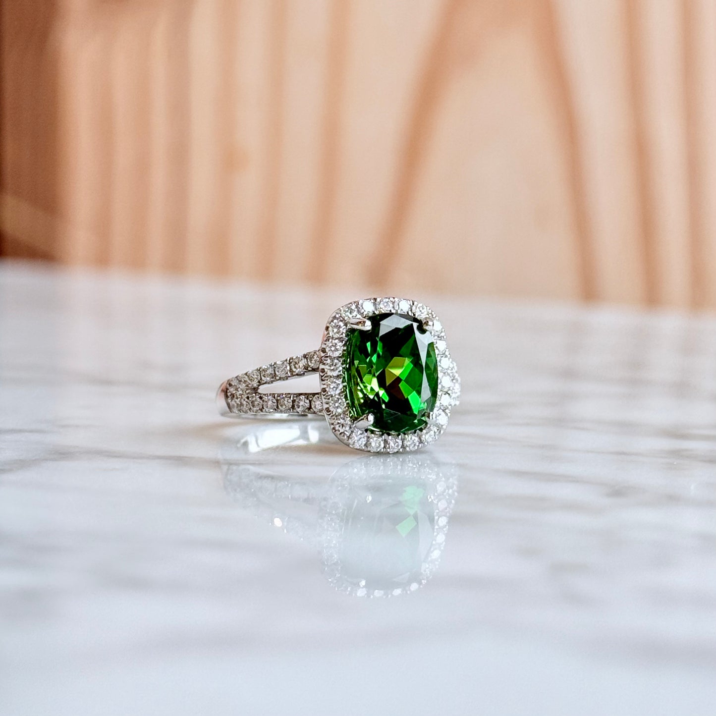 18K White Gold Tourmaline and Diamond Halo Ring
