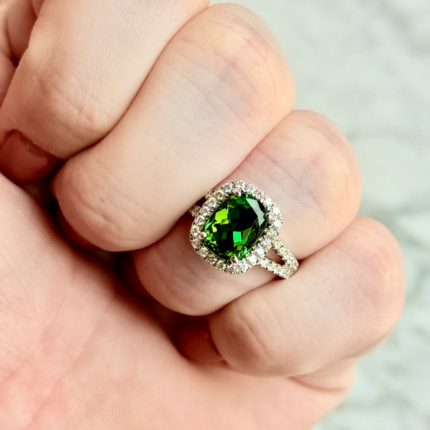 18K White Gold Tourmaline and Diamond Halo Ring