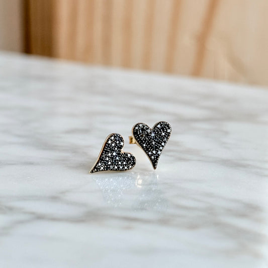18K Yellow Gold Black Diamond Heart Stud Earrings