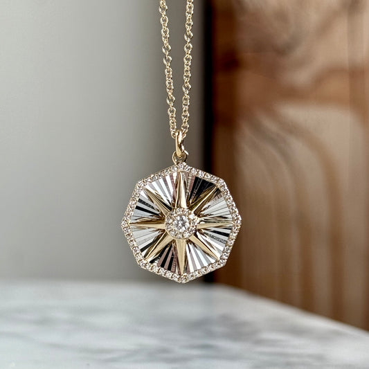 14K Yellow Gold Diamond Compass Necklace