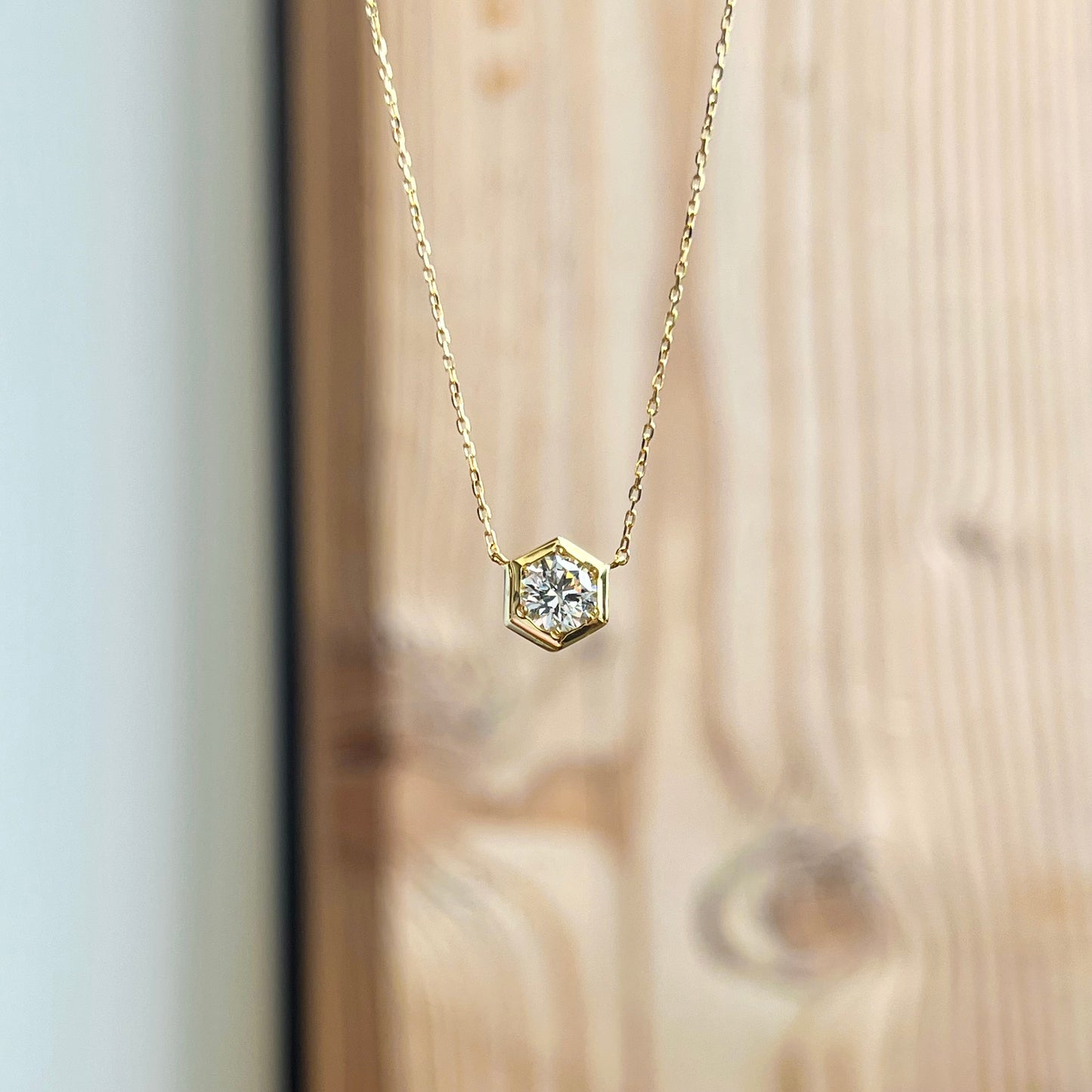 18K Yellow Gold Diamond Hexagon Necklace