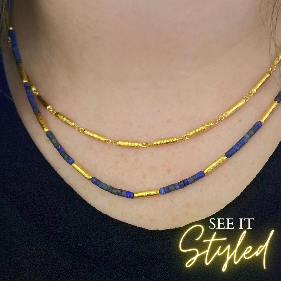 14K Yellow Gold Lapis Beaded and Hammered Matte Gold Necklace