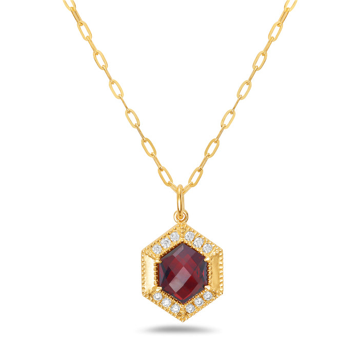 14K Yellow Gold Hexagon Gemstone and Diamond Necklace