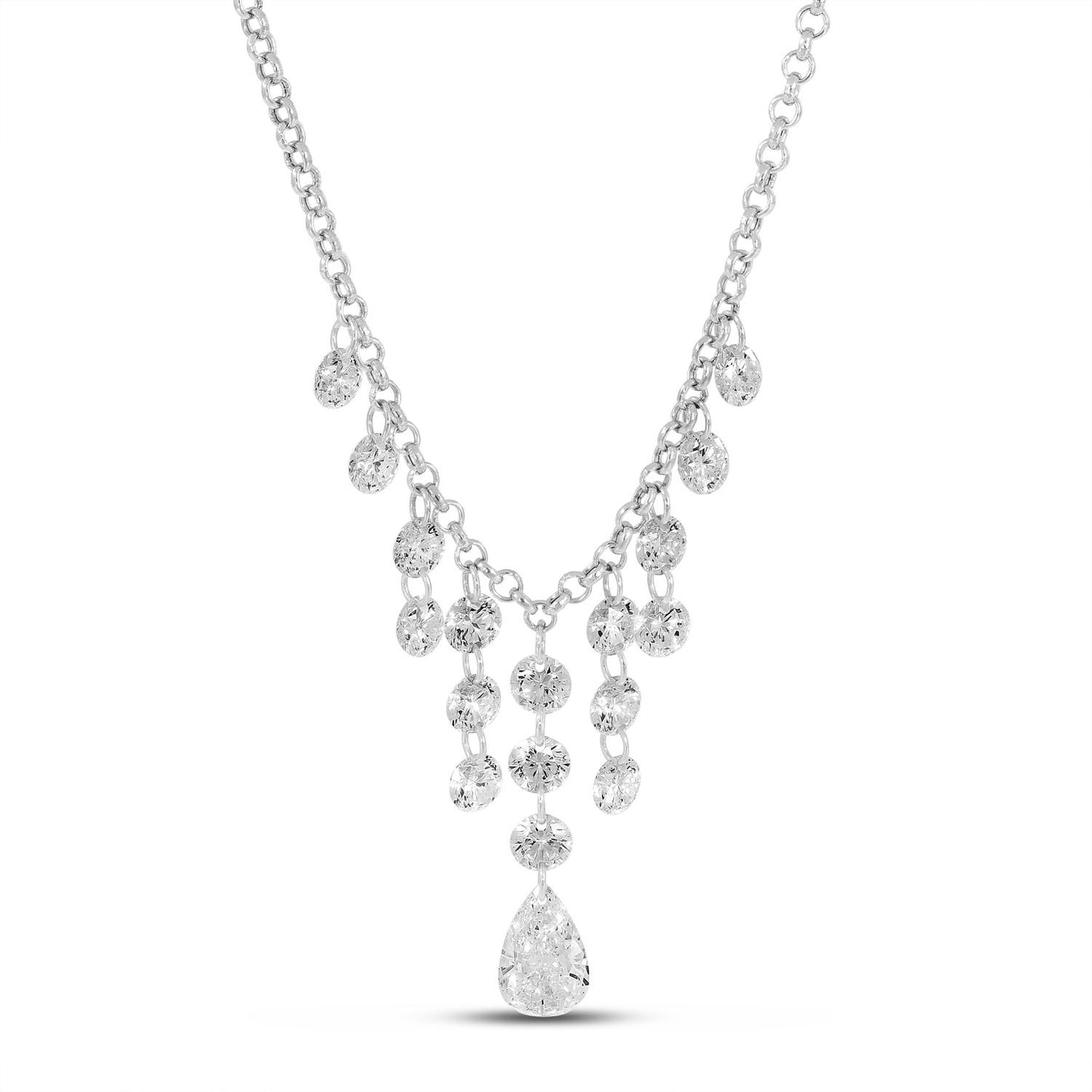 14K White Gold Floating Diamond Cleopatra Pear Drop Necklace