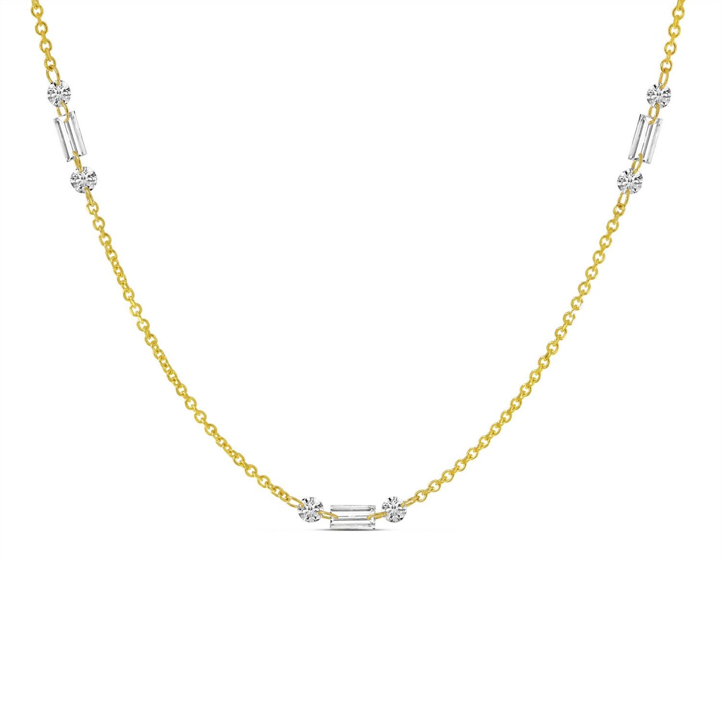 14K Yellow Gold Baguette and Round Triple Station Necklace