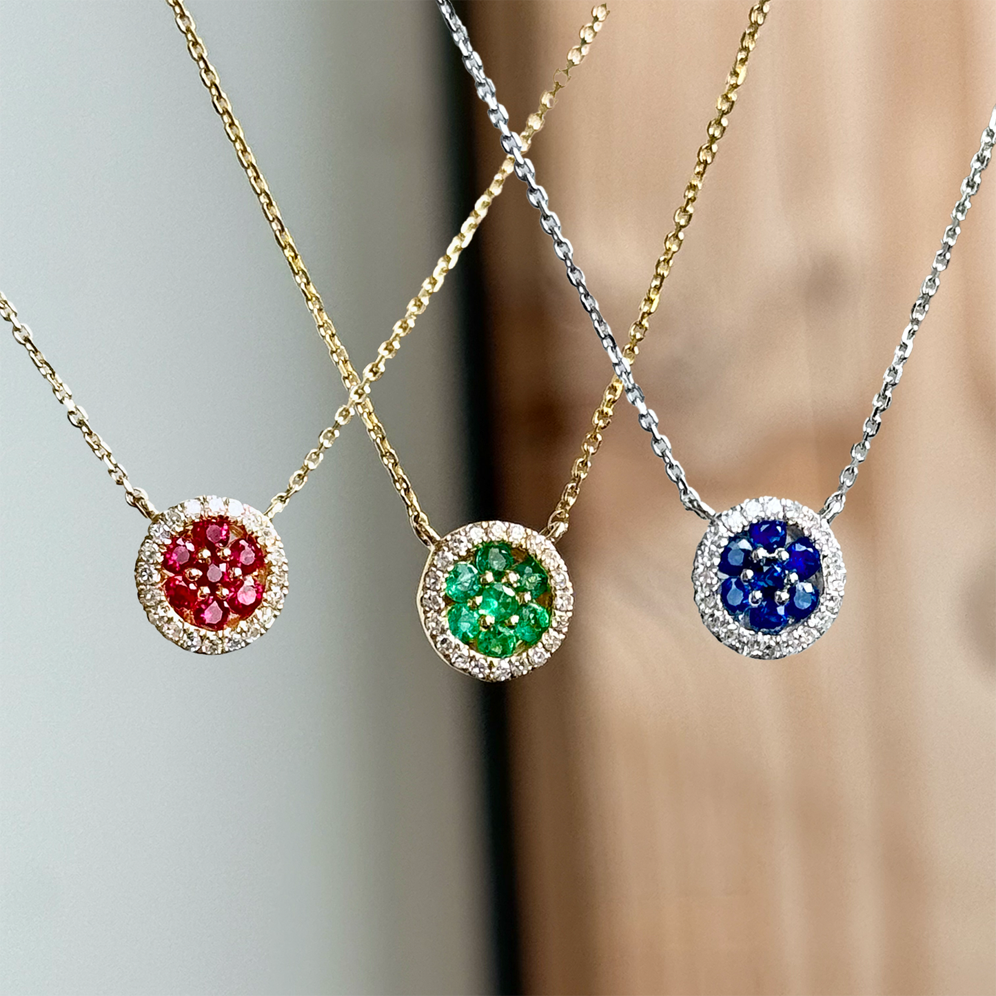 14K Yellow Gold Precious Gemstone and Diamond Halo Necklace