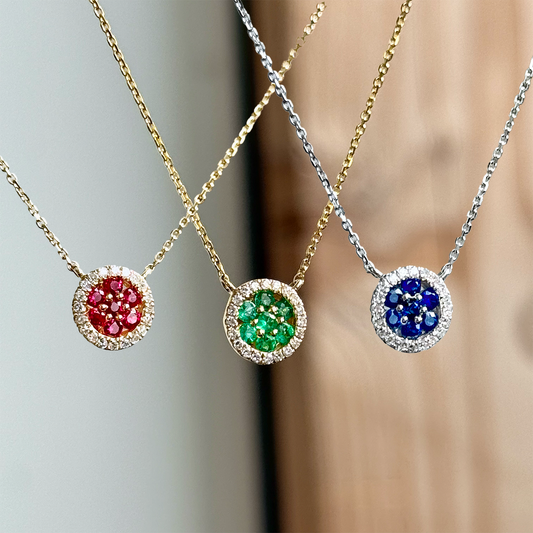 14K Yellow Gold Precious Gemstone and Diamond Halo Necklace