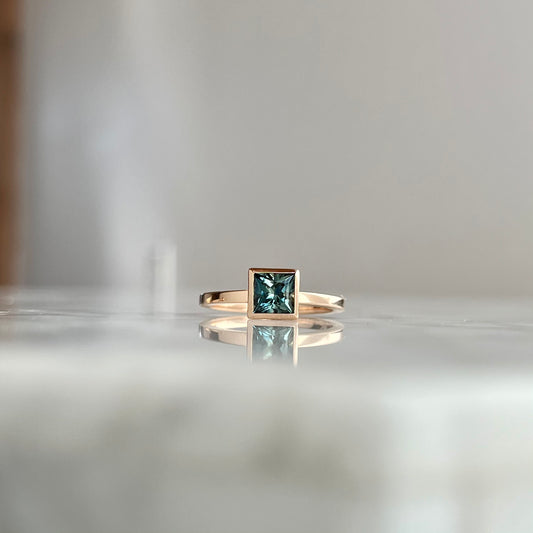 14K Rose Gold Princess Cut Teal Blue Sapphire Stackable Bezel Ring