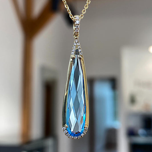 14K Yellow Gold Blue Topaz and Diamond Long Drop Pendant 4.75CT