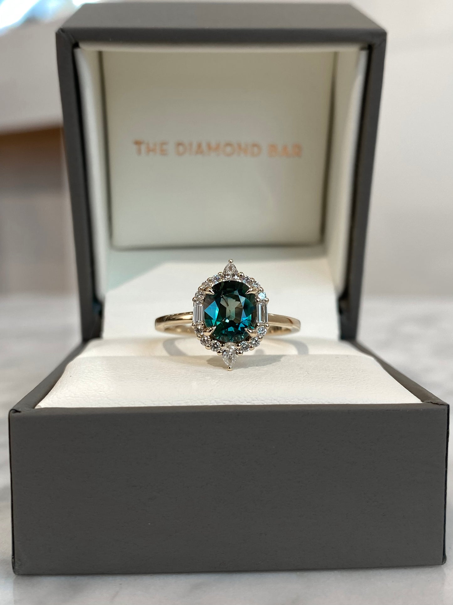 14K Yellow Gold Cushion Cut Teal Color Shifting Sapphire and Diamond Ring