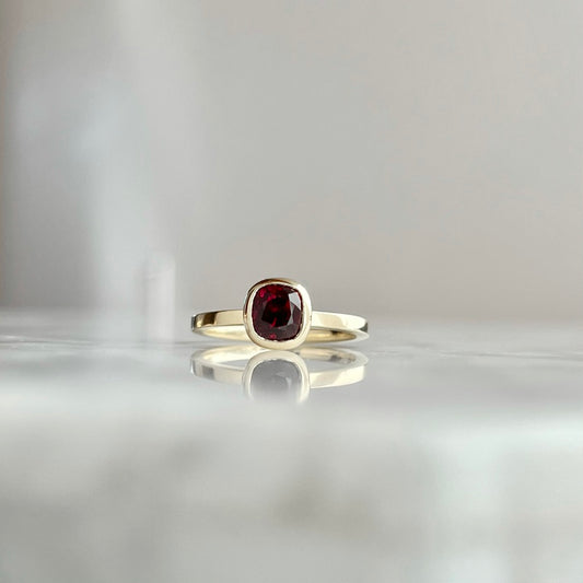 18K Yellow Gold Cushion Ruby Bezel Stackable Ring