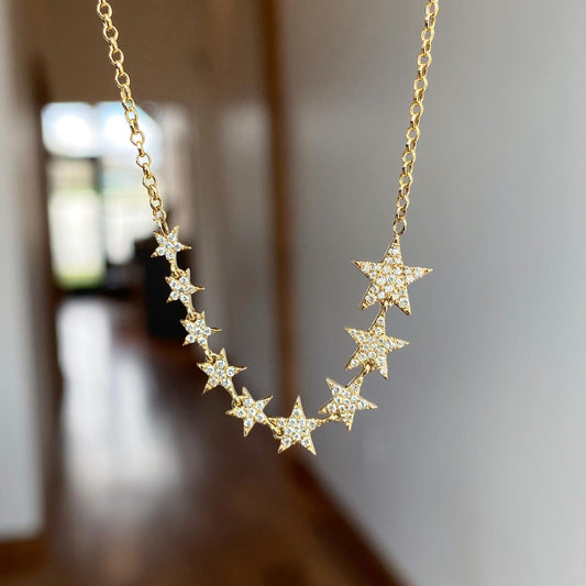 14K Yellow Gold Diamond Graduating Star Necklace 23/100CTW