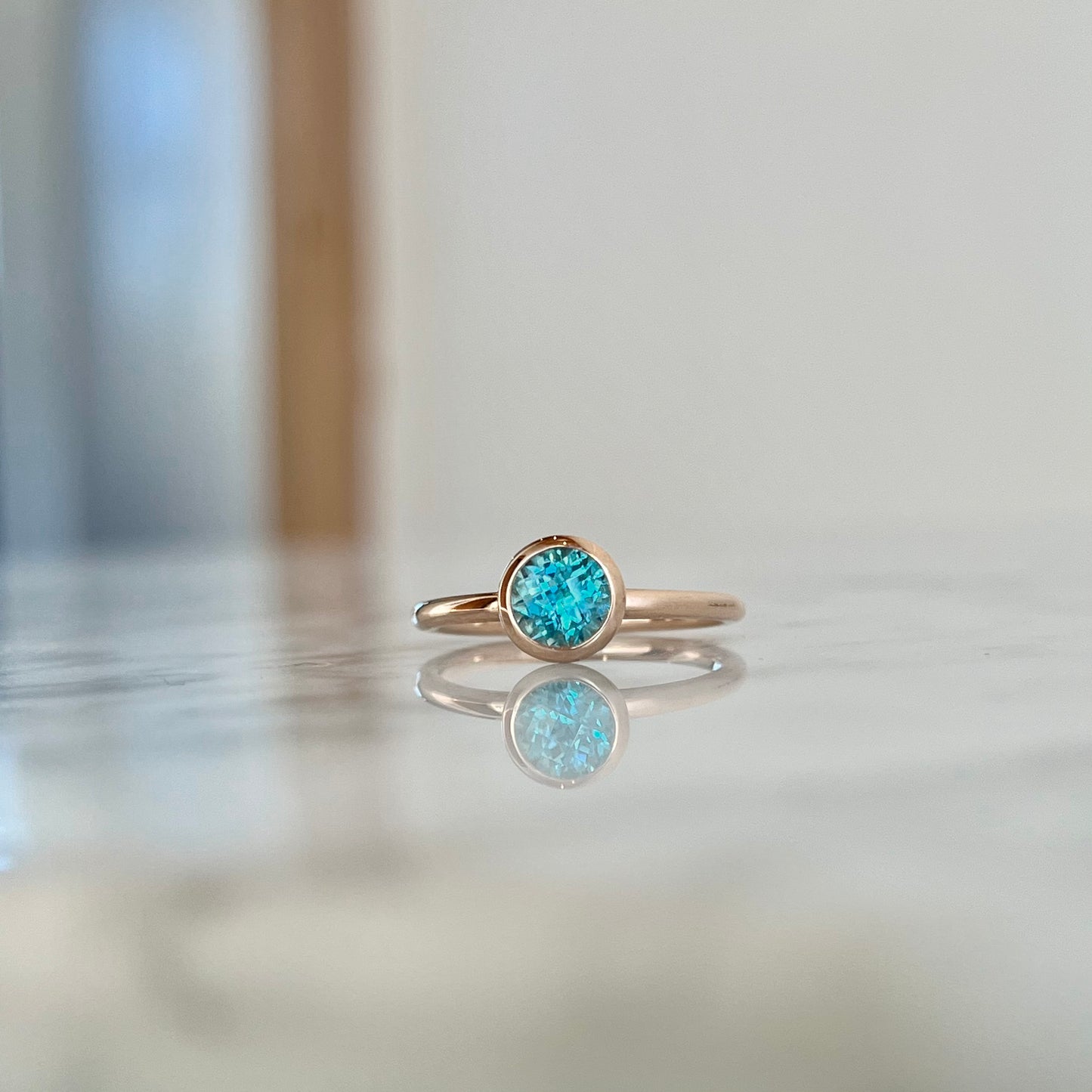 14K Rose Gold Round Blue Zircon Stackable Bezel Ring