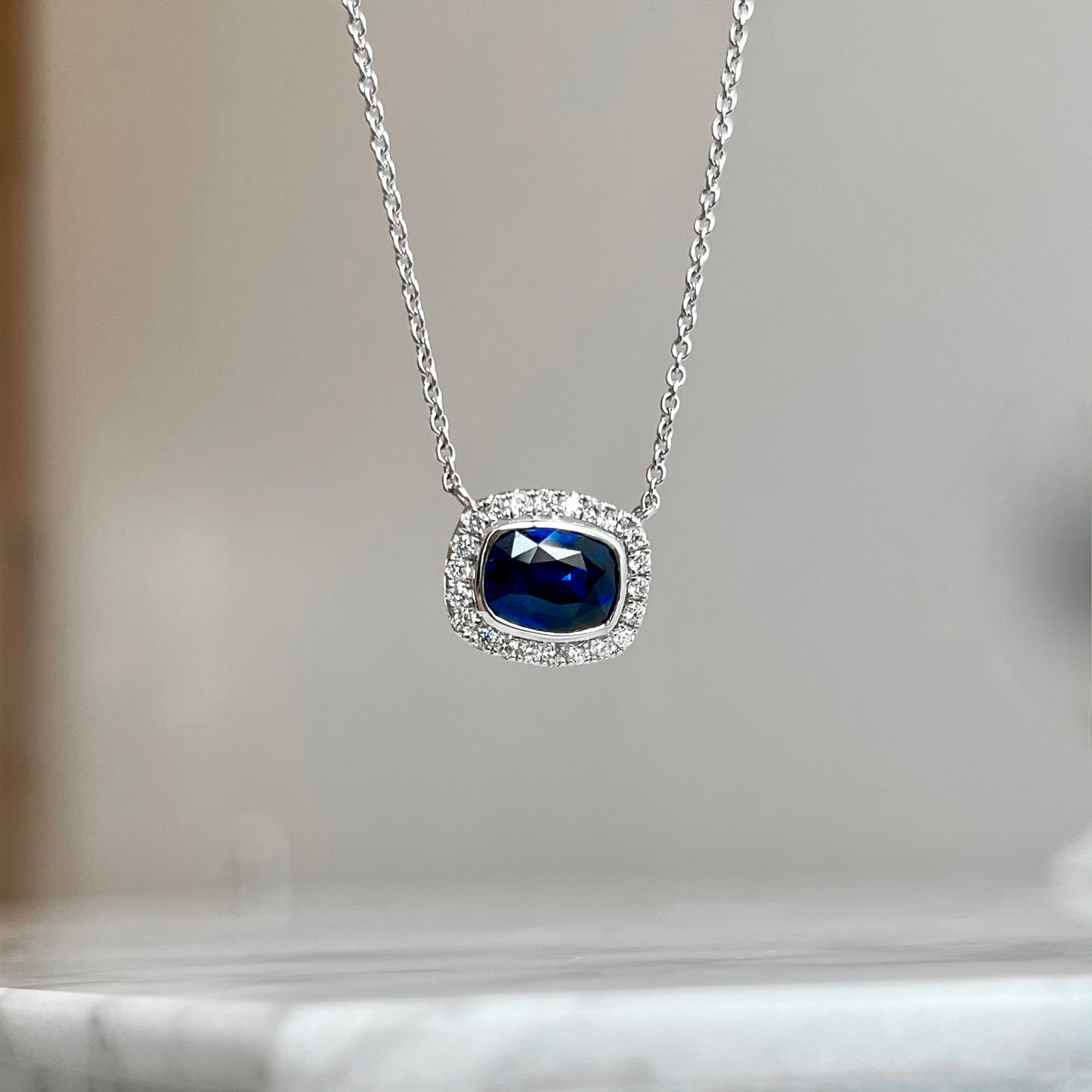14K White Gold East/West Sapphire and Diamond Halo Necklace 2.24CTW