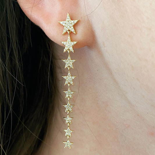 14K Yellow Gold Diamond Star Long Graduating Earrings 46/100CTW