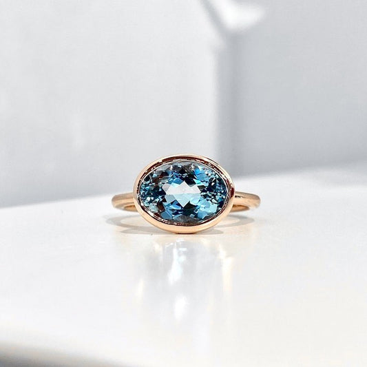 14K Rose Gold East/West Bezel Set Aquamarine Ring 3.00CT