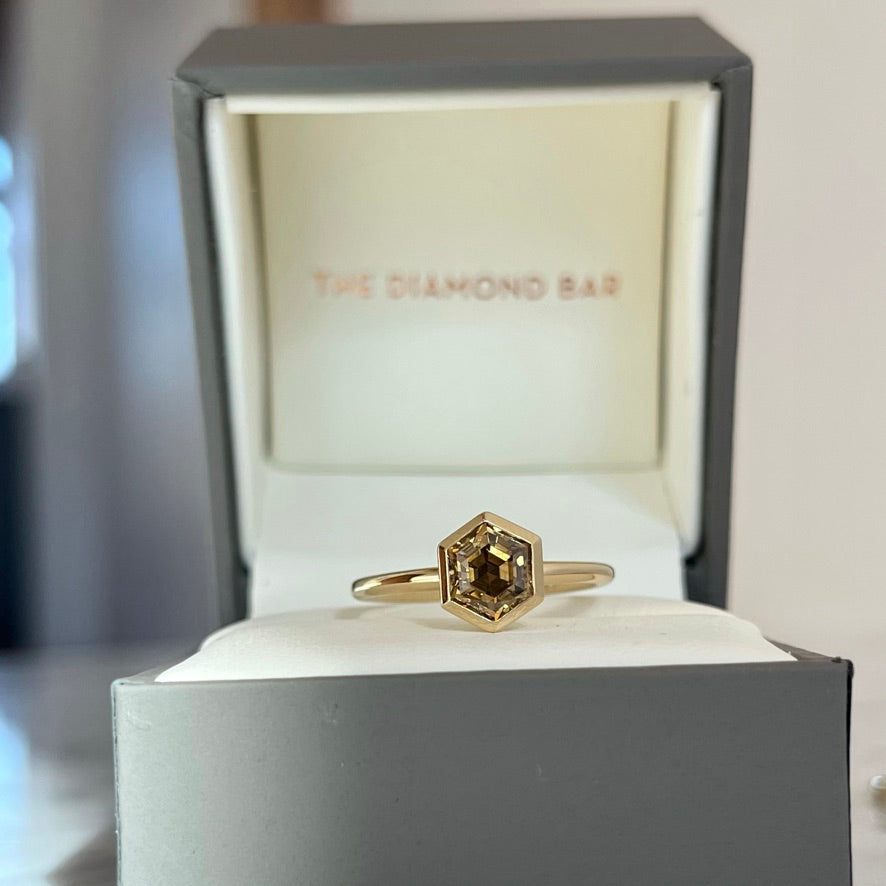 14K Yellow Gold GIA Chocolate Hexagon Diamond Bezel Stackable Ring