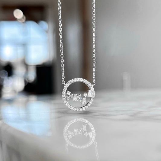 14K White Gold Round Diamond Circle and Baguette Cluster Necklace