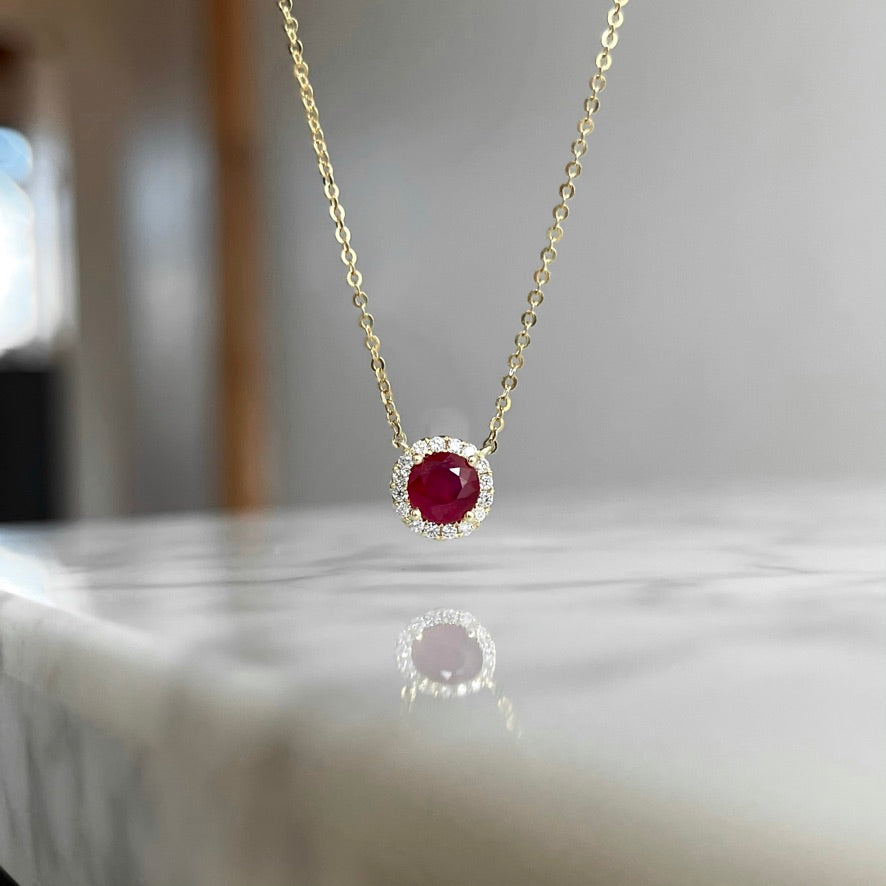 14K Yellow Gold Ruby and Diamond Halo Necklace 72/100CTW