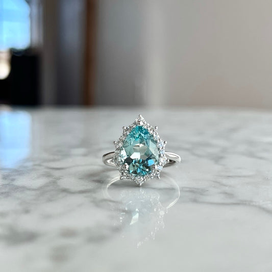 14K White Gold Pear Shape Aquamarine and Diamond Halo Ring