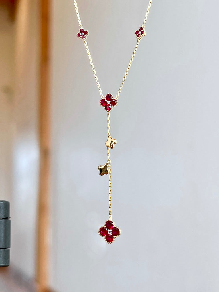 14K Yellow Gold Ruby and Diamond "Clover Lariat Necklace