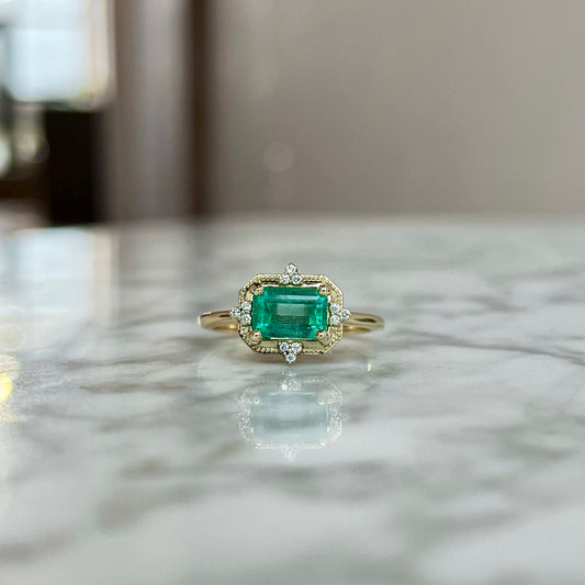 14K Yellow Gold Emerald and Diamond East/West Vintage Inspired Ring