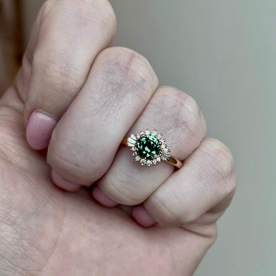 14K Rose Gold Teal Sapphire and Diamond Halo Ring