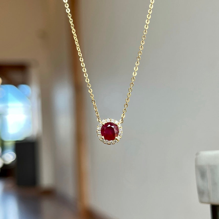 14K Yellow Gold Ruby and Diamond Halo Necklace 72/100CTW
