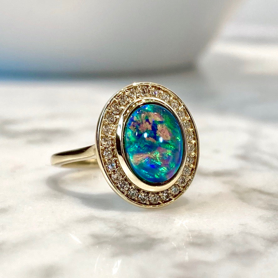 14K Opal and Diamond Halo Ring 1.35CTW