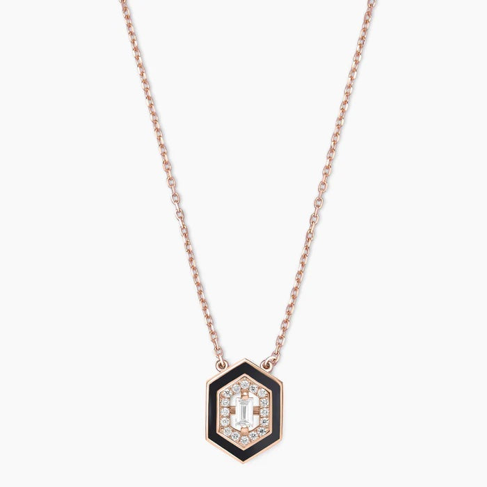 14K Gold Hexagon Enamel Art Deco Diamond Necklace