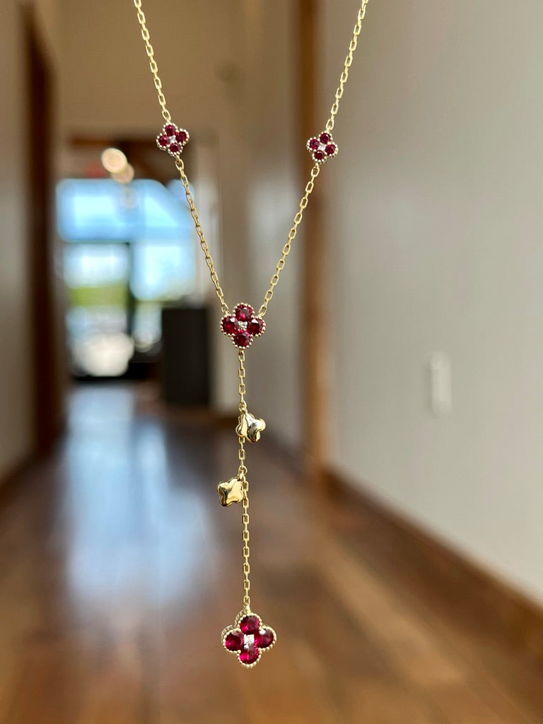 14K Yellow Gold Ruby and Diamond "Clover Lariat Necklace