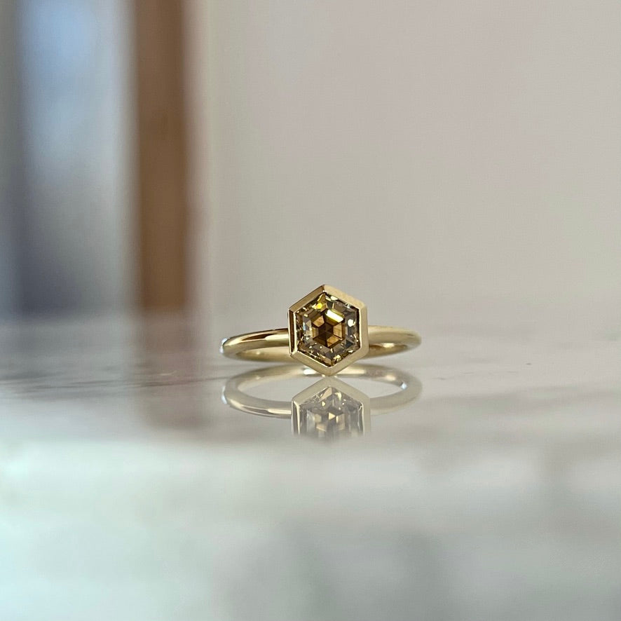 14K Yellow Gold GIA Chocolate Hexagon Diamond Bezel Stackable Ring