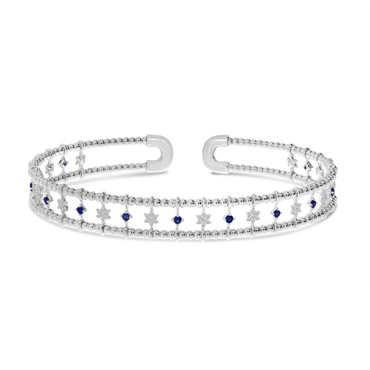 14K White Gold 3-Row Sapphire and Diamond Star Flexible Cuff Bracelet