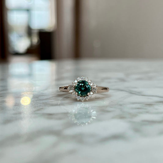 14K Rose Gold Teal Sapphire and Diamond Halo Ring