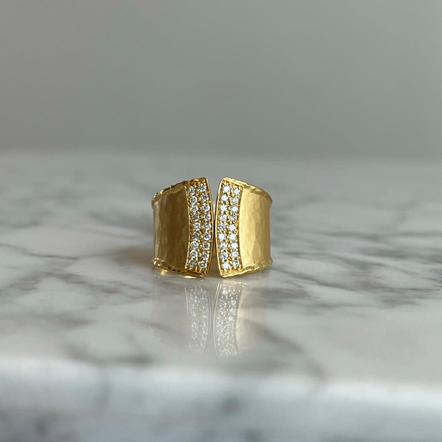 14K Yellow Gold Pave Diamond Hammered Wide Open Concept Ring
