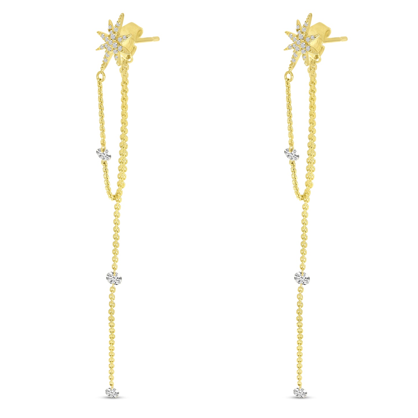 14K Yellow Gold Floating Diamond Star Chain Dangle Earrings