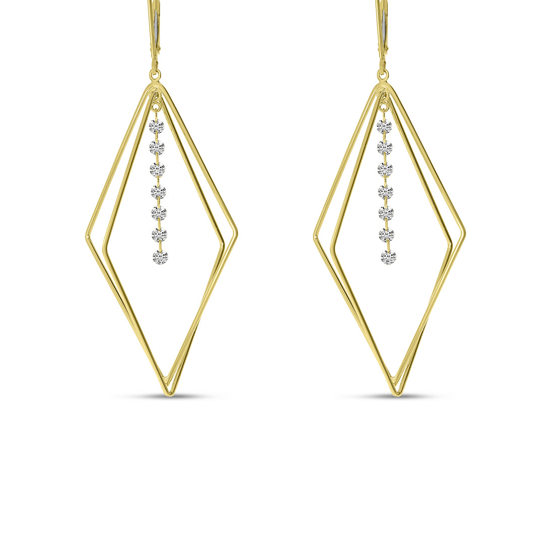 14K Yellow Gold Floating Diamond Dangle Geometric Earring