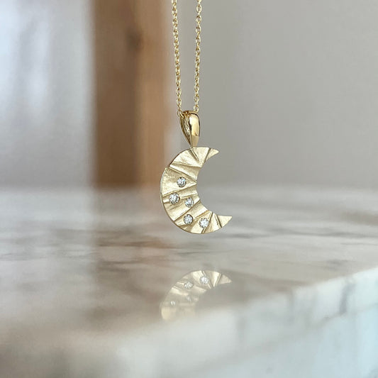 14K Yellow Gold Brushed Diamond Moon Pendant