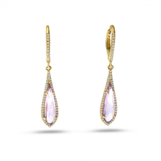 14K Yellow Gold Fancy Pink Amethyst and Diamond Dangle Earrings