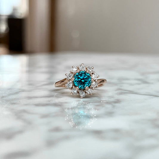 14K Rose Gold Blue Zircon and Diamond Halo Ring