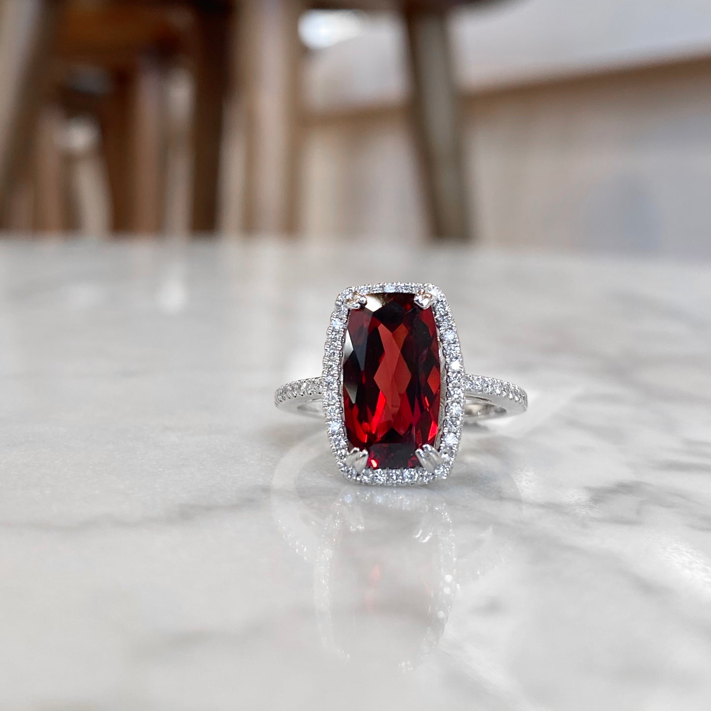 14K White Gold Cushion Garnet and Diamond Halo Ring