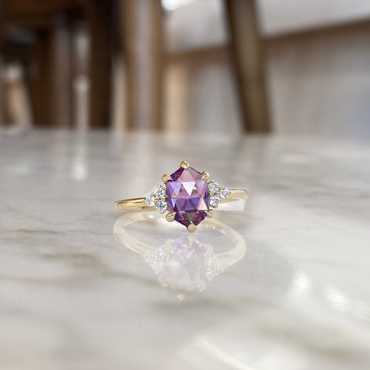 14K yellow gold elongted hexagon cut amethyst and diamond ring