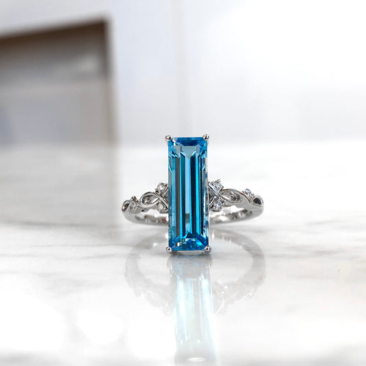 14K White Gold Long Blue Topaz Semi Baguette Ring